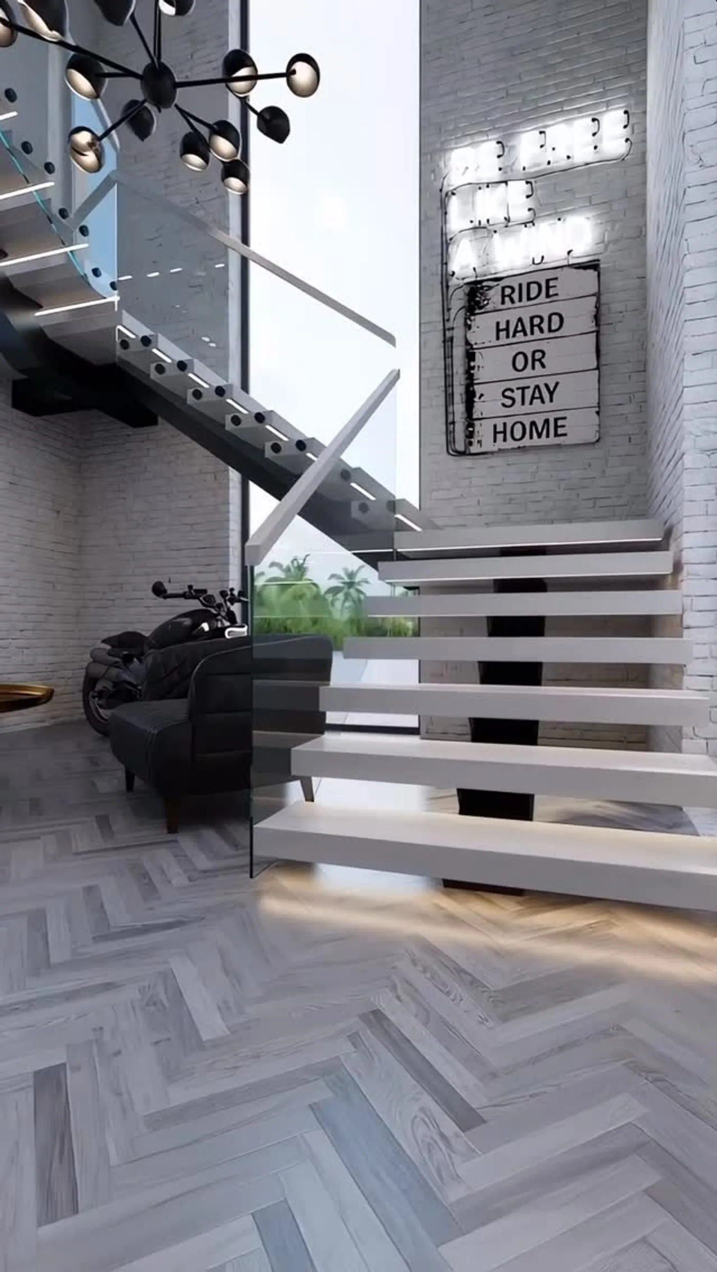 Floating stairs with integrated LED lighting in a Los Angeles loft